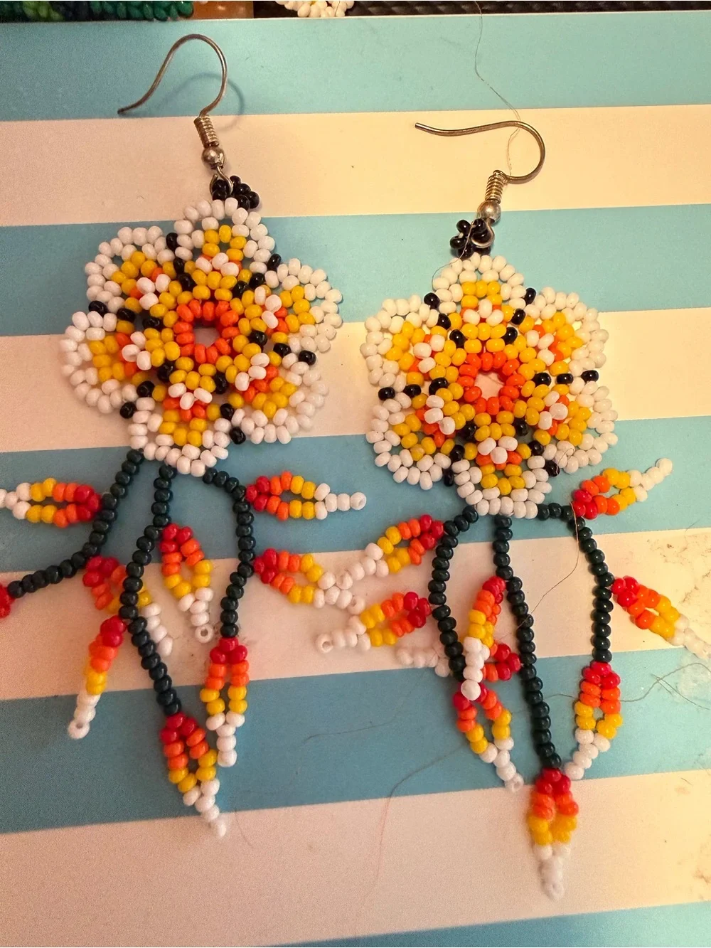 Handmade Floral Seed-Bead Necklace in Green with Yellow & Red Accents an Earrigs - Picture 9 of 9